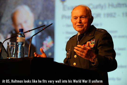 At 85, Hultman looks like he fits very well into his WWII uniform
