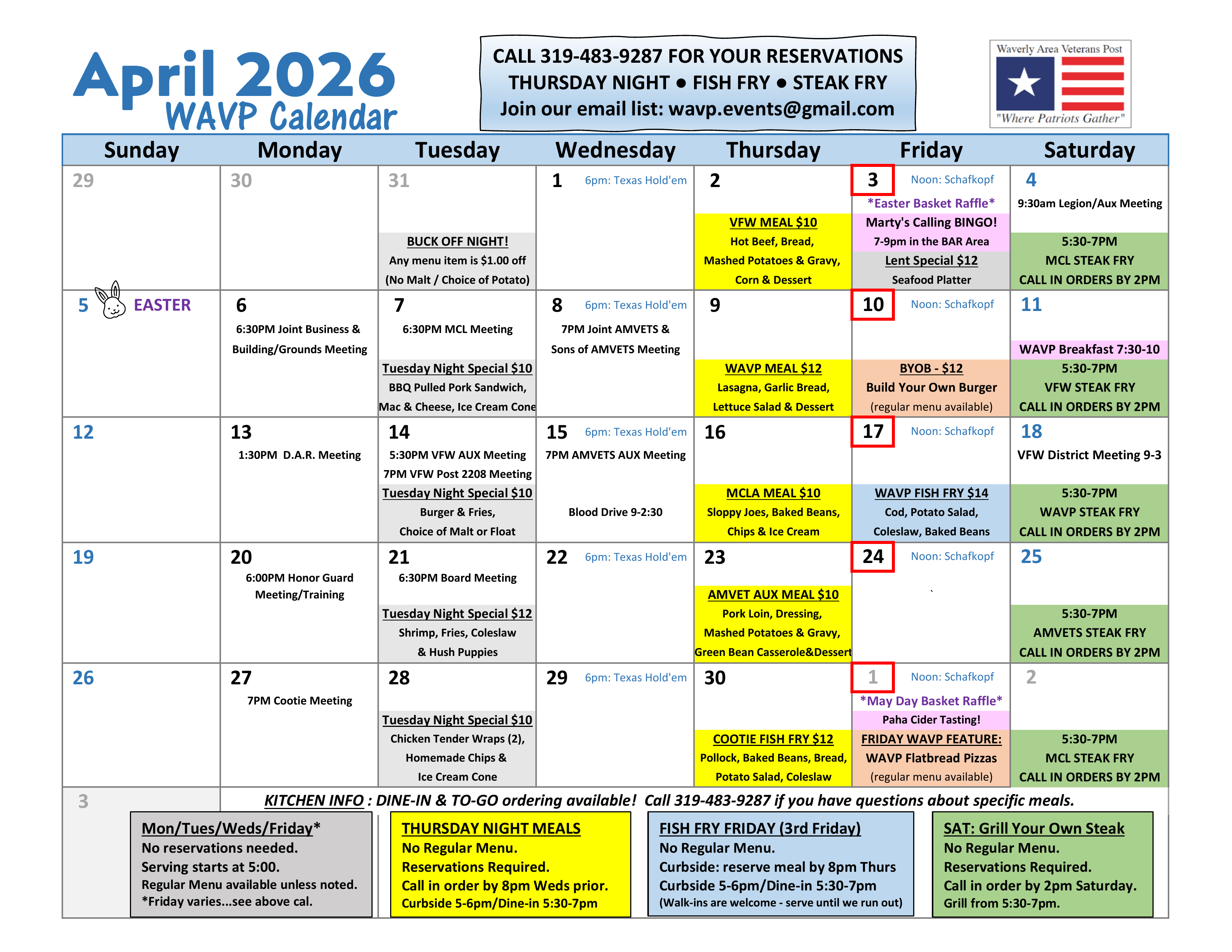 The WAVP Events Calendar for the month of April 2026 - Click for PDF