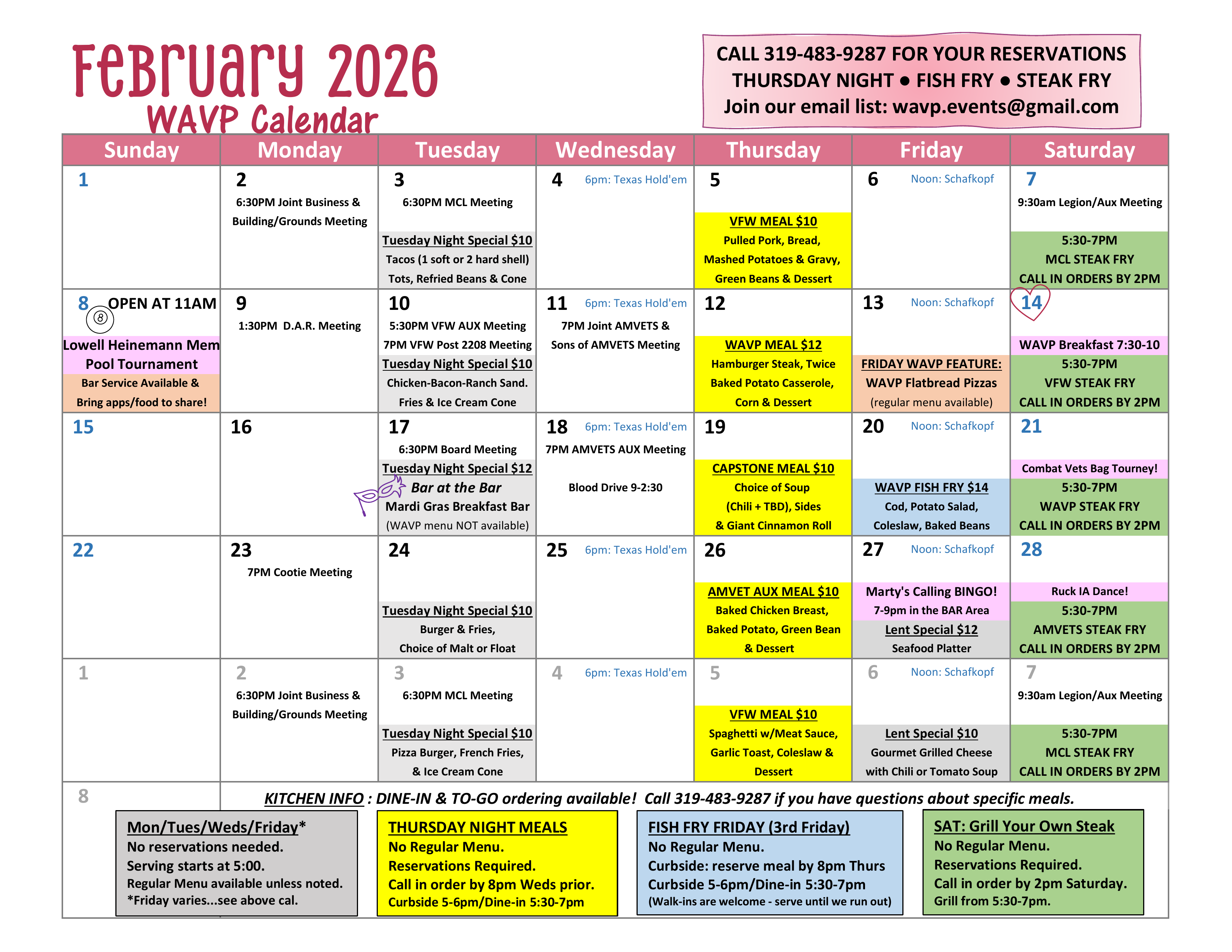 The WAVP Events Calendar for the month of February 2026 - Click for PDF
