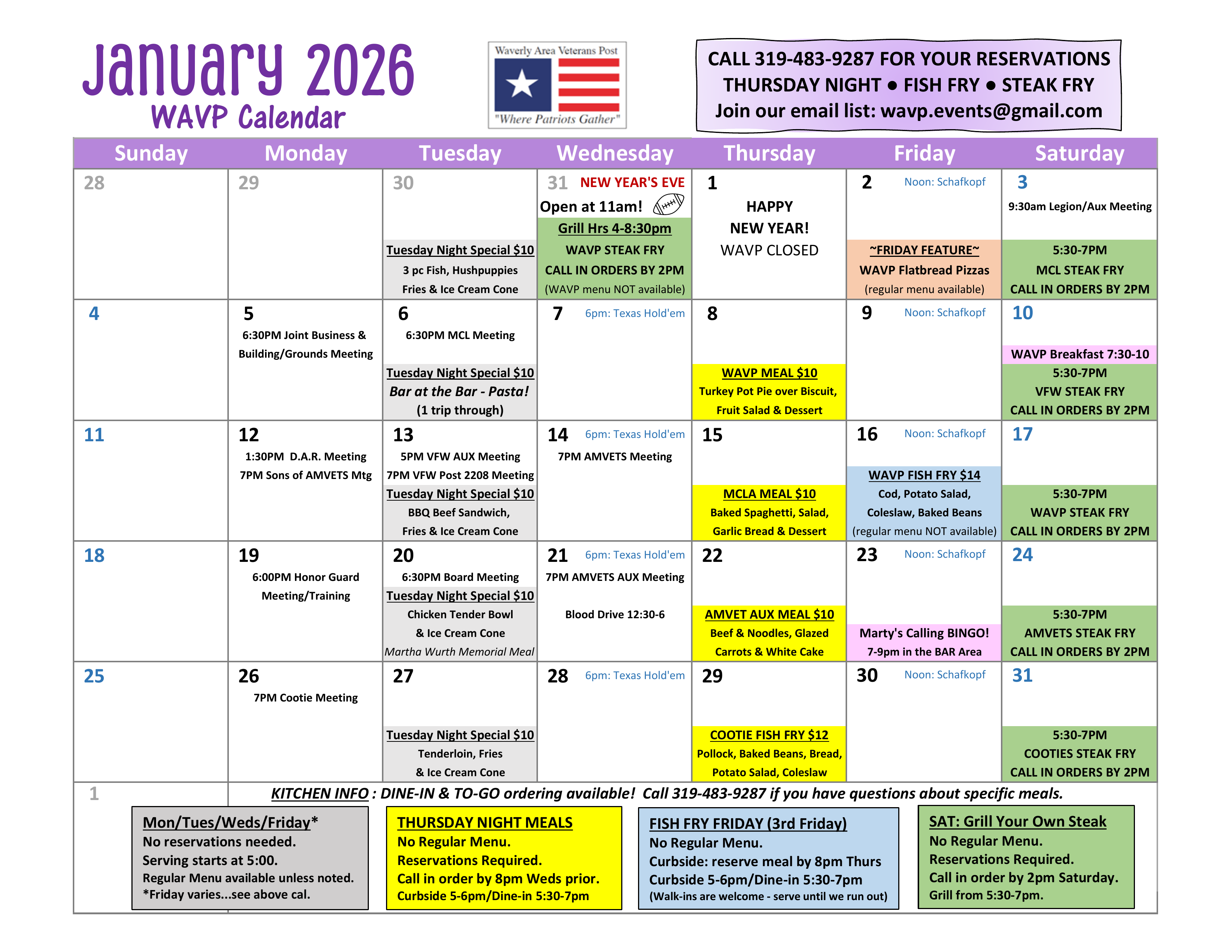 The WAVP Events Calendar for the month of January 2026 - Click for PDF