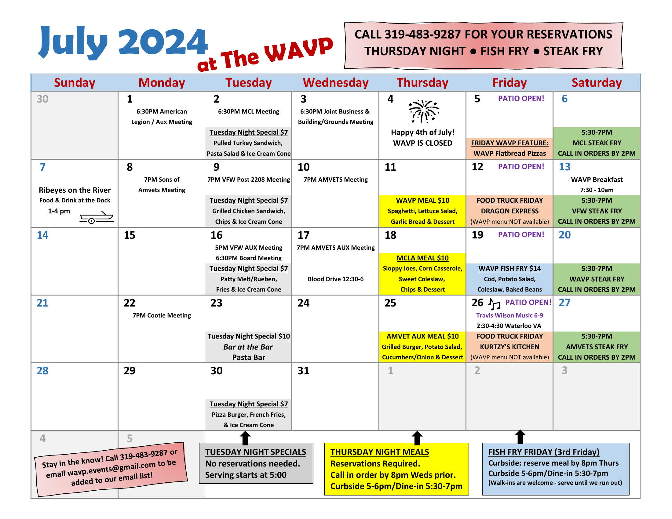The WAVP Events Calendar for the month of July 2024