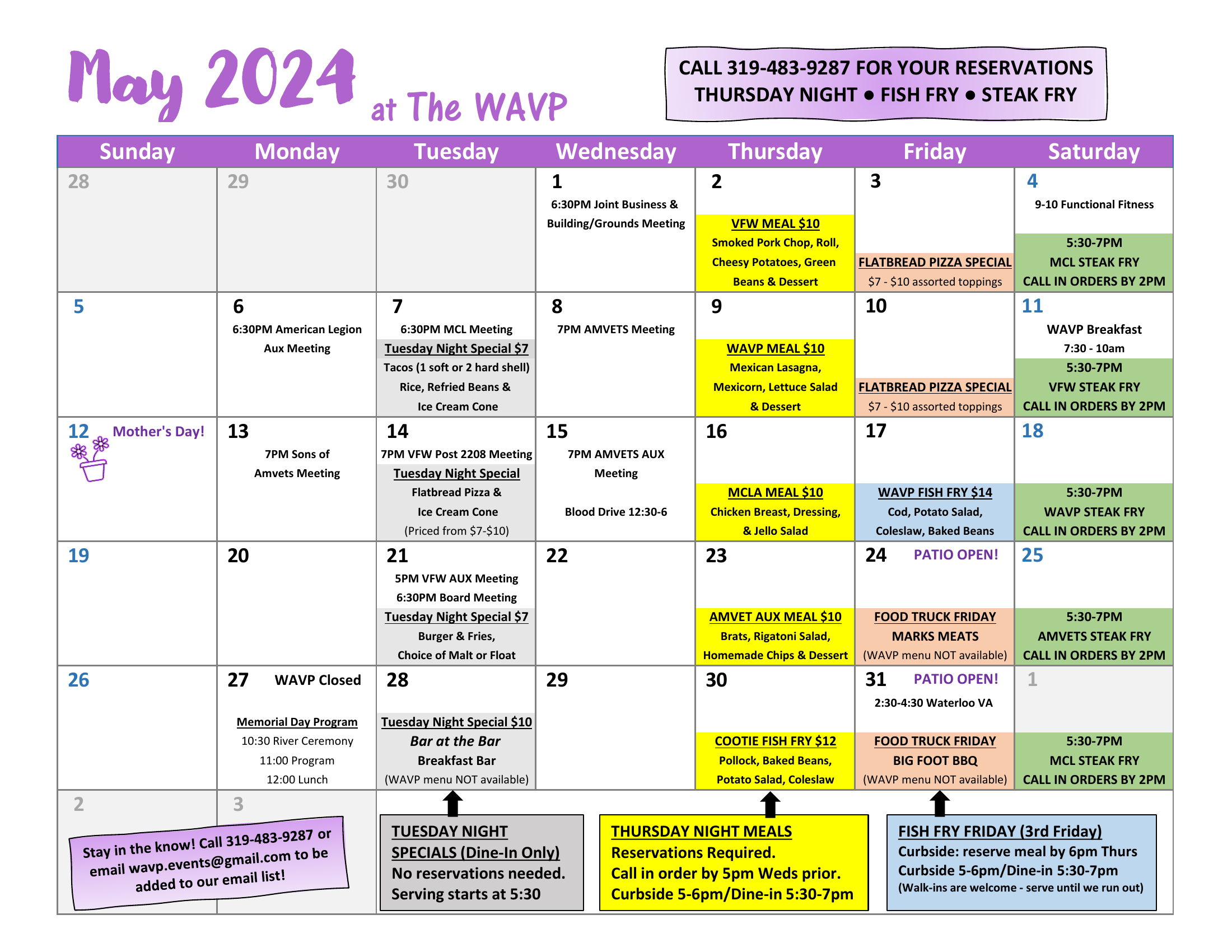 The WAVP Events Calendar for the month of May 2024