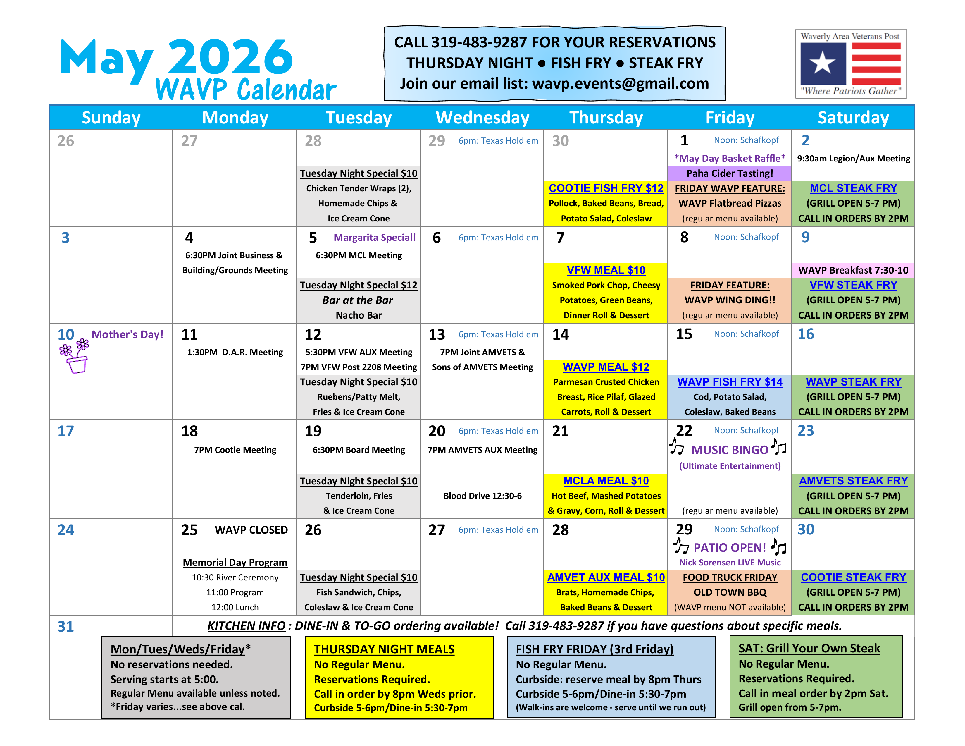 The WAVP Events Calendar for the month of May 2026 - Click for PDF