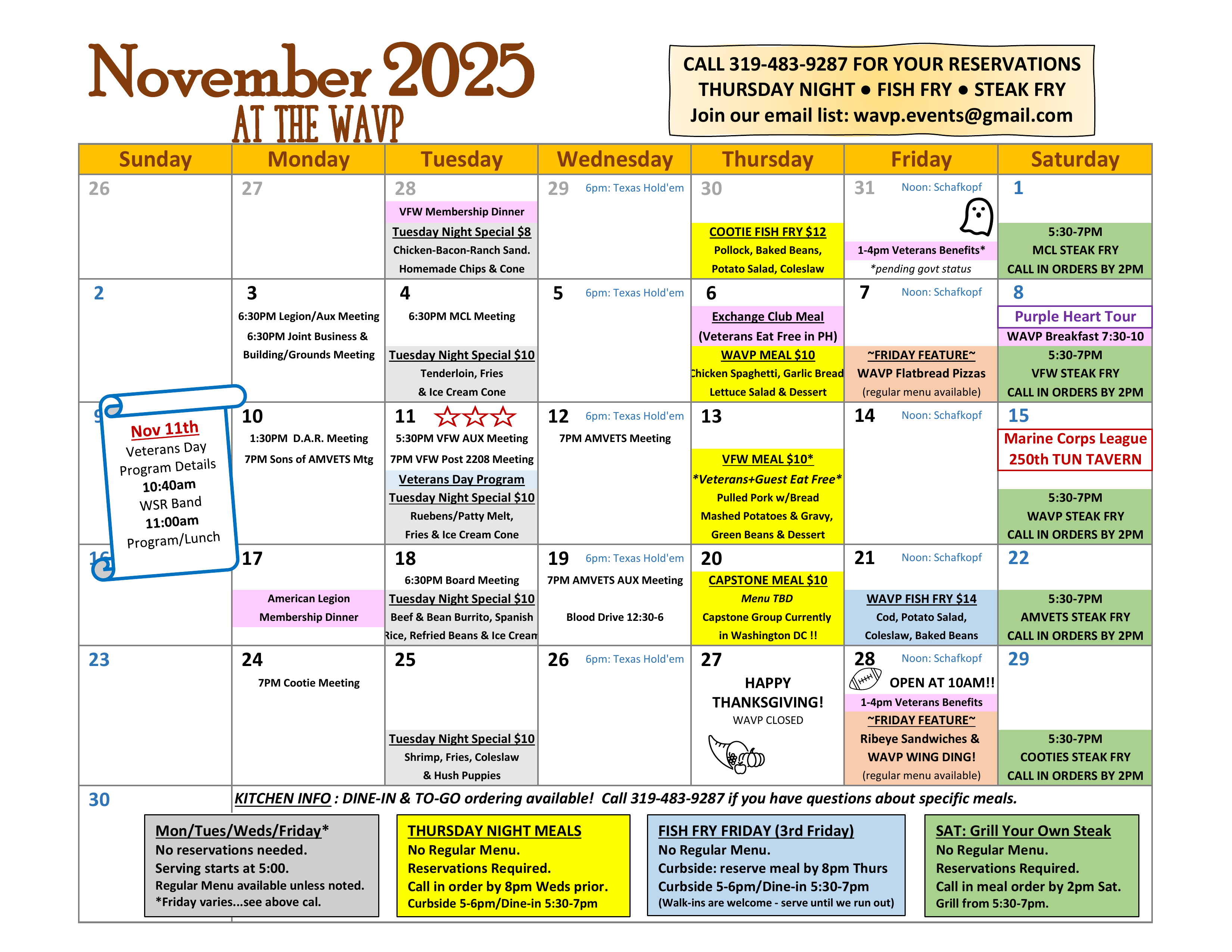 The WAVP Events Calendar for the month of November 2025 - Click for PDF