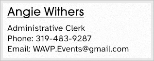 Angie Withers, Administrative Clerk - Phone: 319-483-9287 - Email: wavp.events@gmail.com