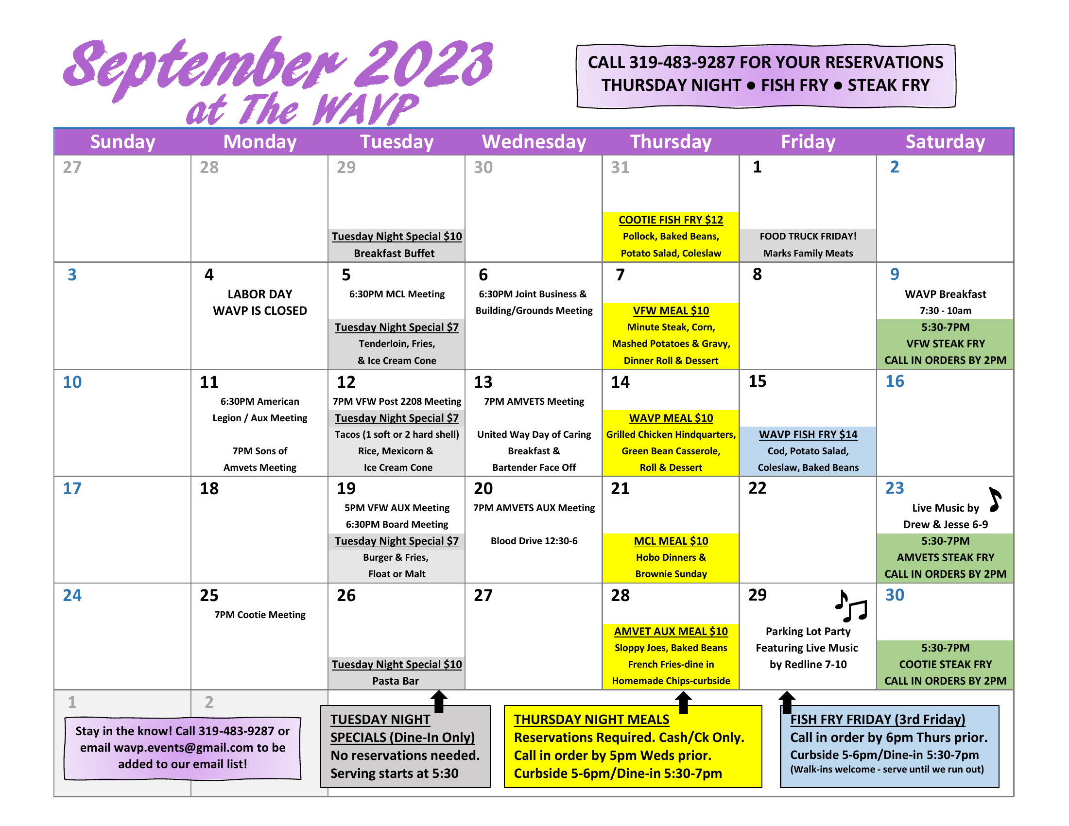 The WAVP Events Calendar for the month of September 2023