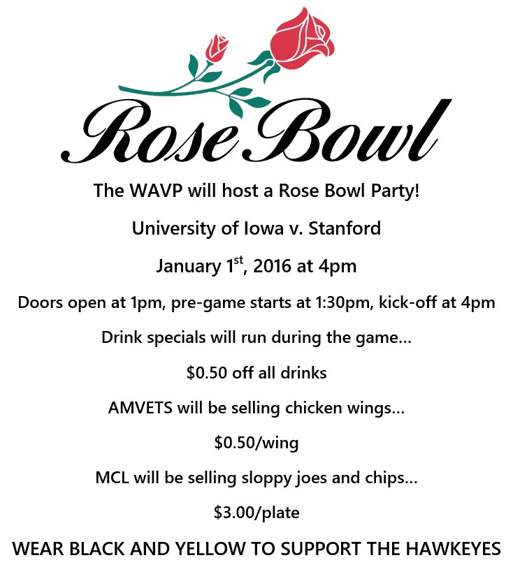 WAVP Rose Bowl Party, Jan 1, 2016 at 4pm