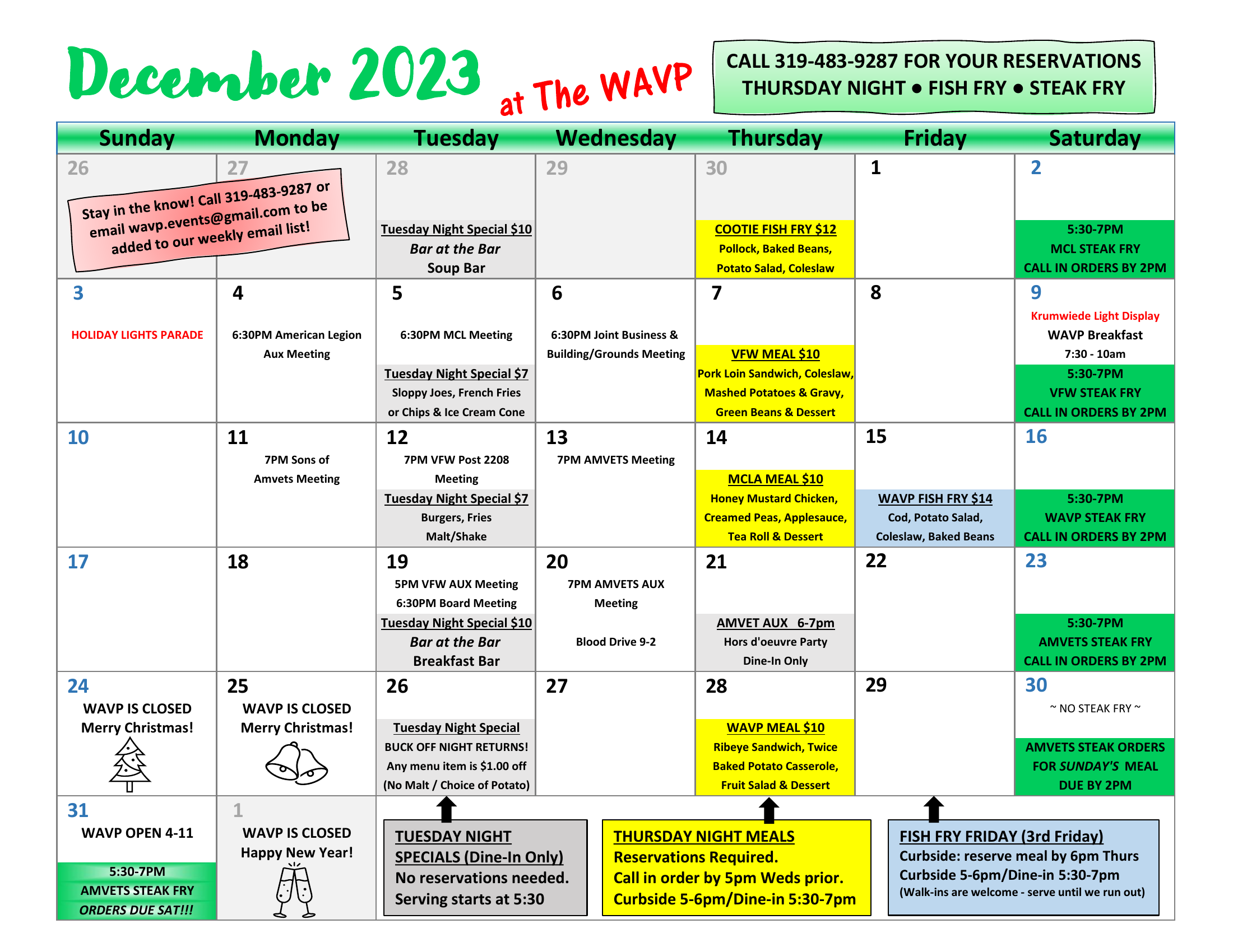 The WAVP Events Calendar for the month of December 2023